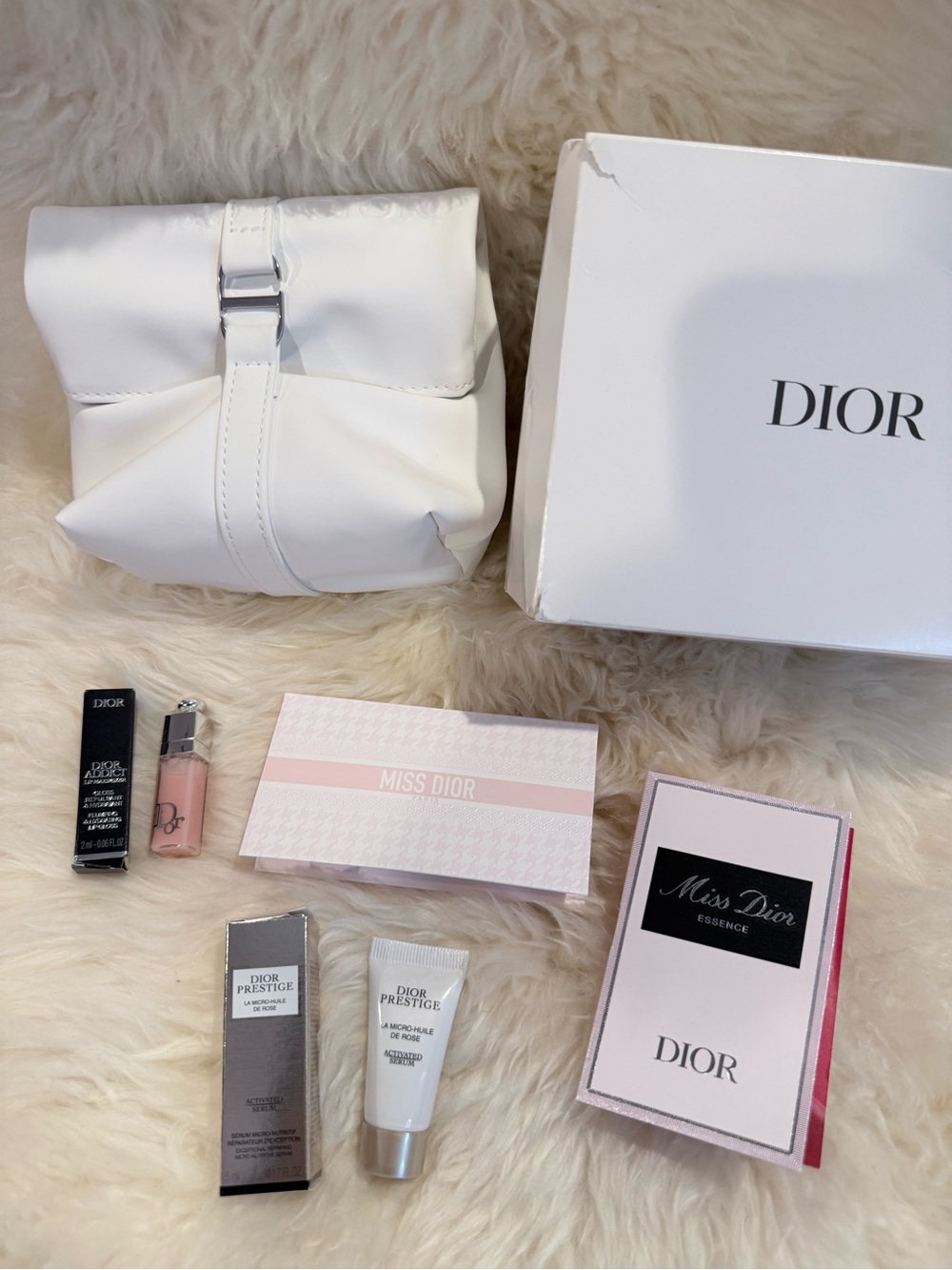 Dior White Fold-Over Cosmetic Pouch with samples
